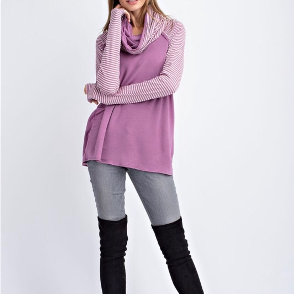 Purple French Terry Pullover Tunic Top Cowl Neck - Picture 5 of 5